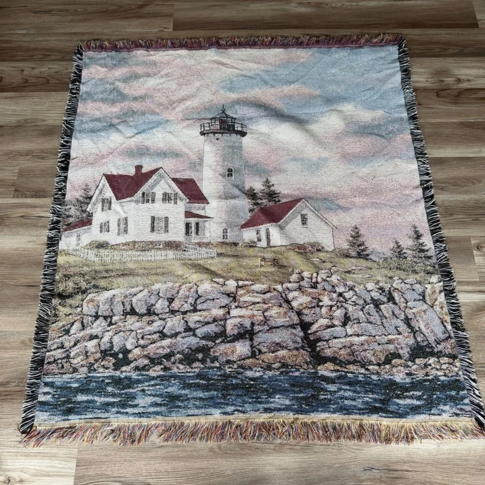 Vintage Lighthouse Coastal Woven Tapestry Throw Blanket Fringe 60x48